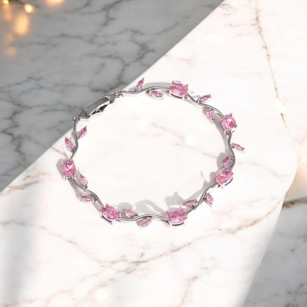 Tulip Pink Floral Stone Vine Bracelet | Anti-Tarnish