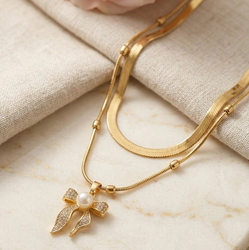 Layered Bow & Pearl Pendant Necklace - Anti Tarnish