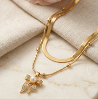 Layered Bow & Pearl Pendant Necklace - Anti Tarnish