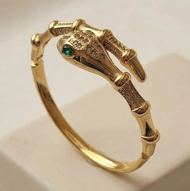 Serpent Wrap Anti-Tarnish Gold Plated Bracelet with Emerald Eyes