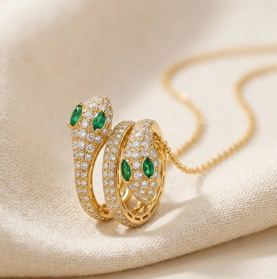 Emerald Stone Snake Pendant Necklace - Anti Tarnish Gold Plated