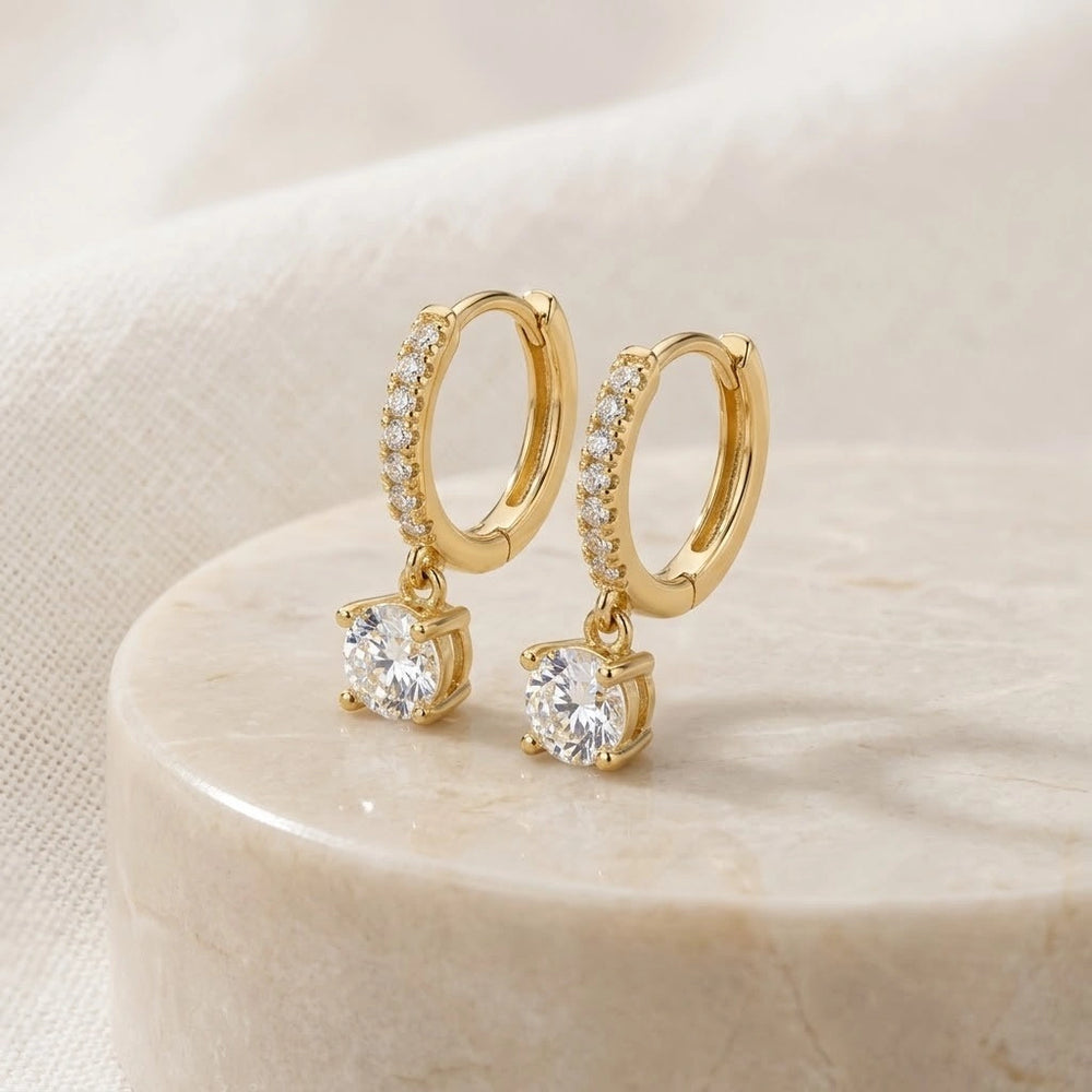 Solitaire Drop Hoop Earrings | Anti-Tarnish Gold Plated | Moncheri