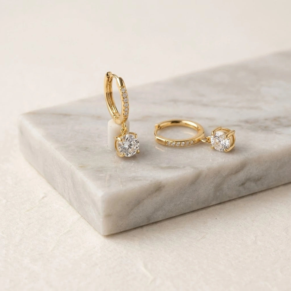 Solitaire Drop Hoop Earrings - Anti Tarnish Gold Plated
