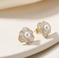 Elegant White Floral Pearl Stud Earrings