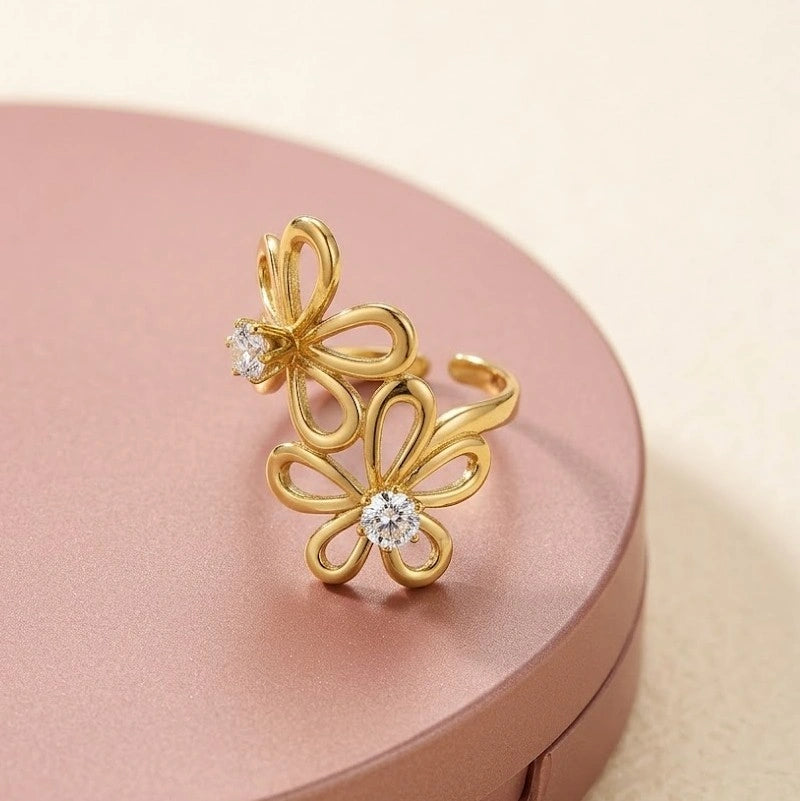 Double Floral CZ Ring - Anti-Tarnish Fashion Jewelry for Women