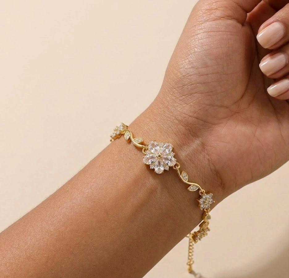 Tulip Floral Vine Anti-Tarnish Gold Plated Bracelet for Women - Sparkling Crystal Flower Design