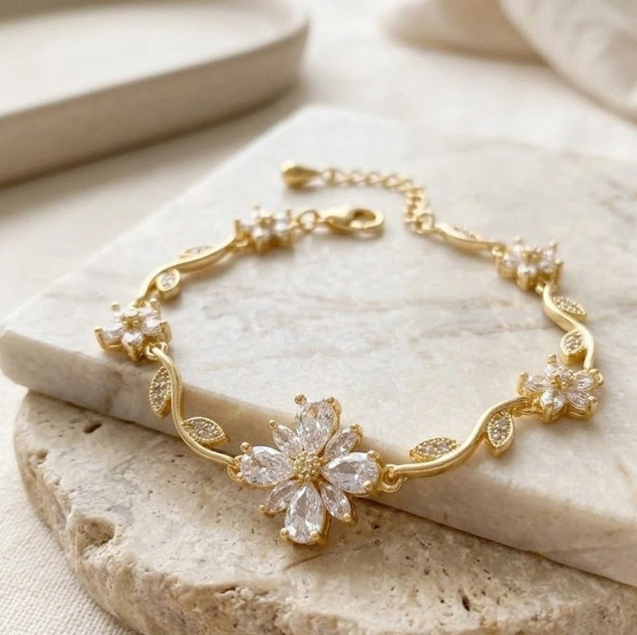 Floral Vine Crystal Bracelet | Anti-Tarnish Gold-Plated