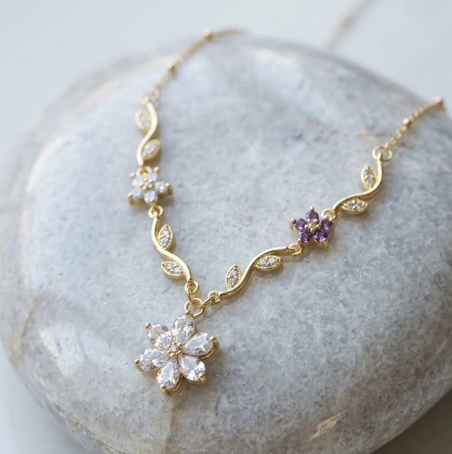 Floral Vine Anti-Tarnish Gold Plated Necklace with Purple & Clear Crystals