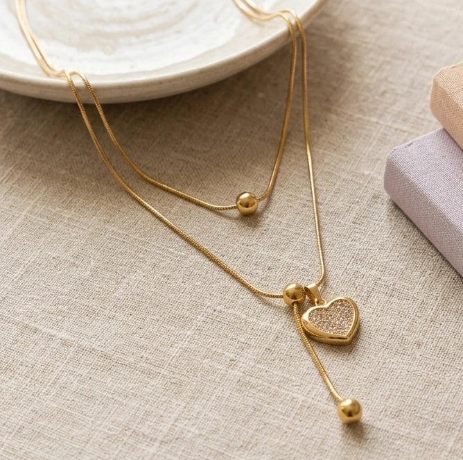 Anti-Tarnish Layered Heart Pendant Necklace | Gold Plated Snake Chain