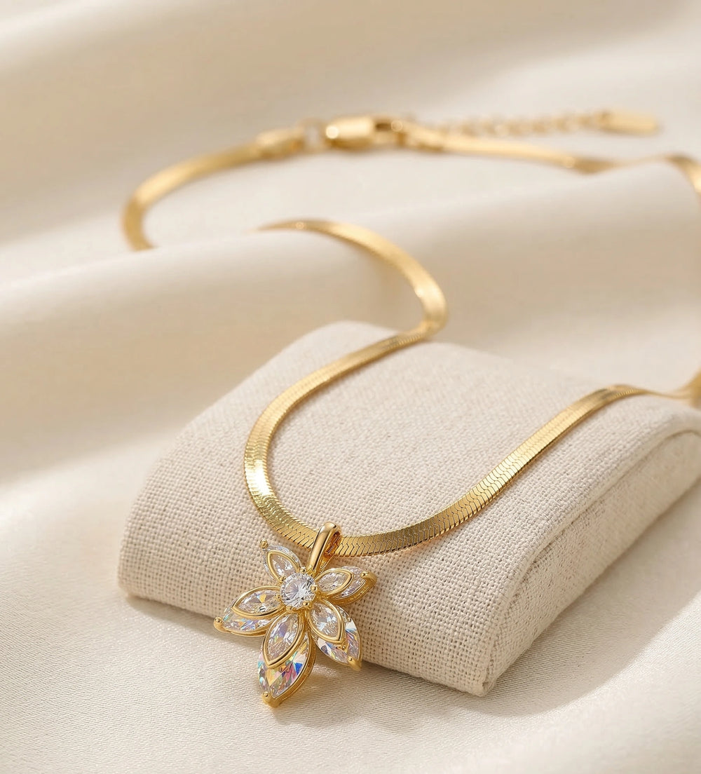 Floral Crystal Pendant Snake Chain Necklace | Anti-Tarnish Gold-Plated Fashion Jewelry