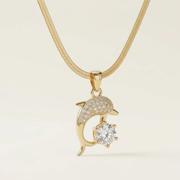 Close up of micro paved sparkling CZ stones on gold plated dolphin pendan