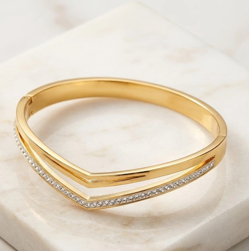 Double Layer Chevron V-Shape Gold-Plated Bracelet | Anti-Tarnish CZ Bangle