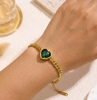 Emerald Green Heart Gold Plated Chain Bracelet | Anti-Tarnish & Waterproof
