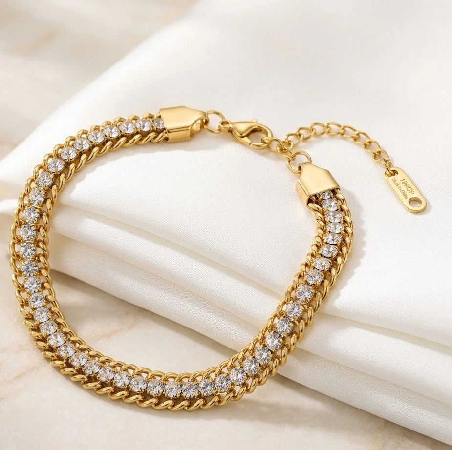 Crystal Dual Curb Chain Bracelet - Anti Tarnish Gold Plated Fashion Jewelry