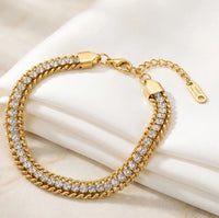 Crystal Dual Curb Chain Bracelet - Anti Tarnish Gold Plated Fashion Jewelry