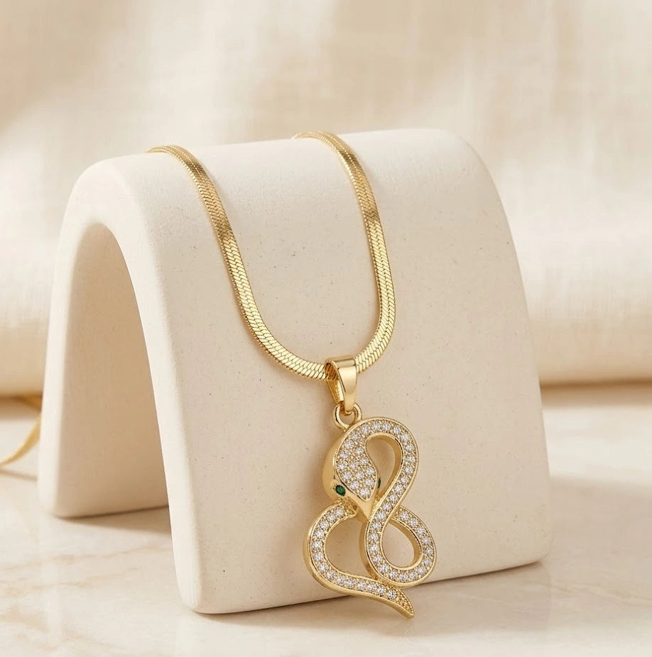 Crystal Serpent Snake Pendant Necklace - Anti-Tarnish Gold-Plated
