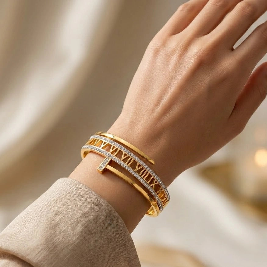 Roman Numeral Layered Cuff Bracelet | Anti-Tarnish Gold-Plated