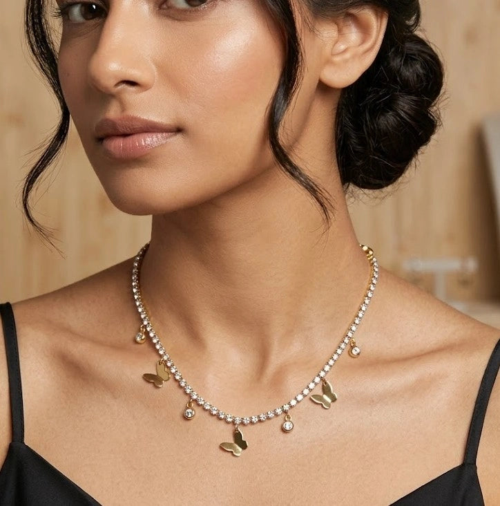 Korean Style Anti-Tarnish Gold-Plated Butterfly Tennis Necklace