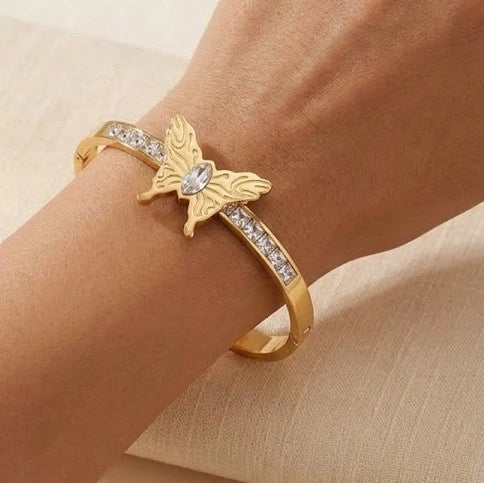 Butterfly Zirconia Gold Plated Bangle - Anti Tarnish Charm Bracelet for Women