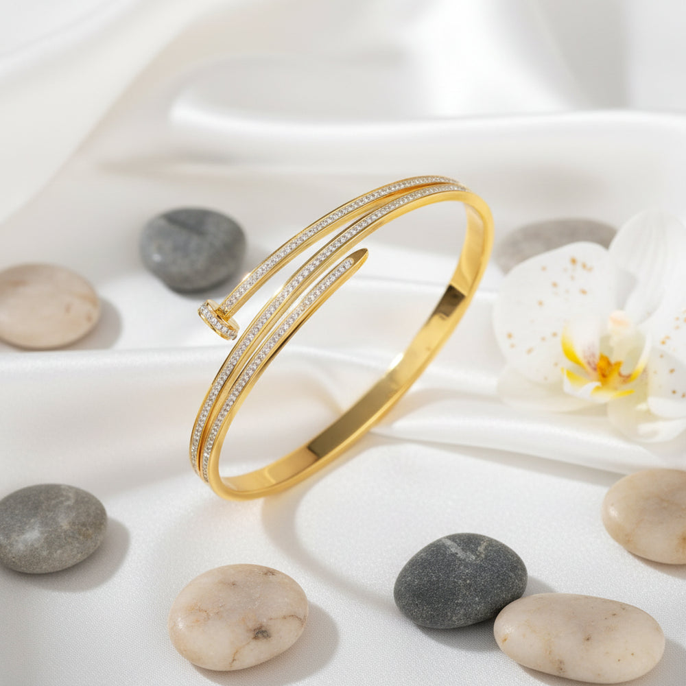 Crystal Pave Nail Design Wrap Bracelet | Anti-Tarnish Gold Plated | Korean Style Statement Bangle