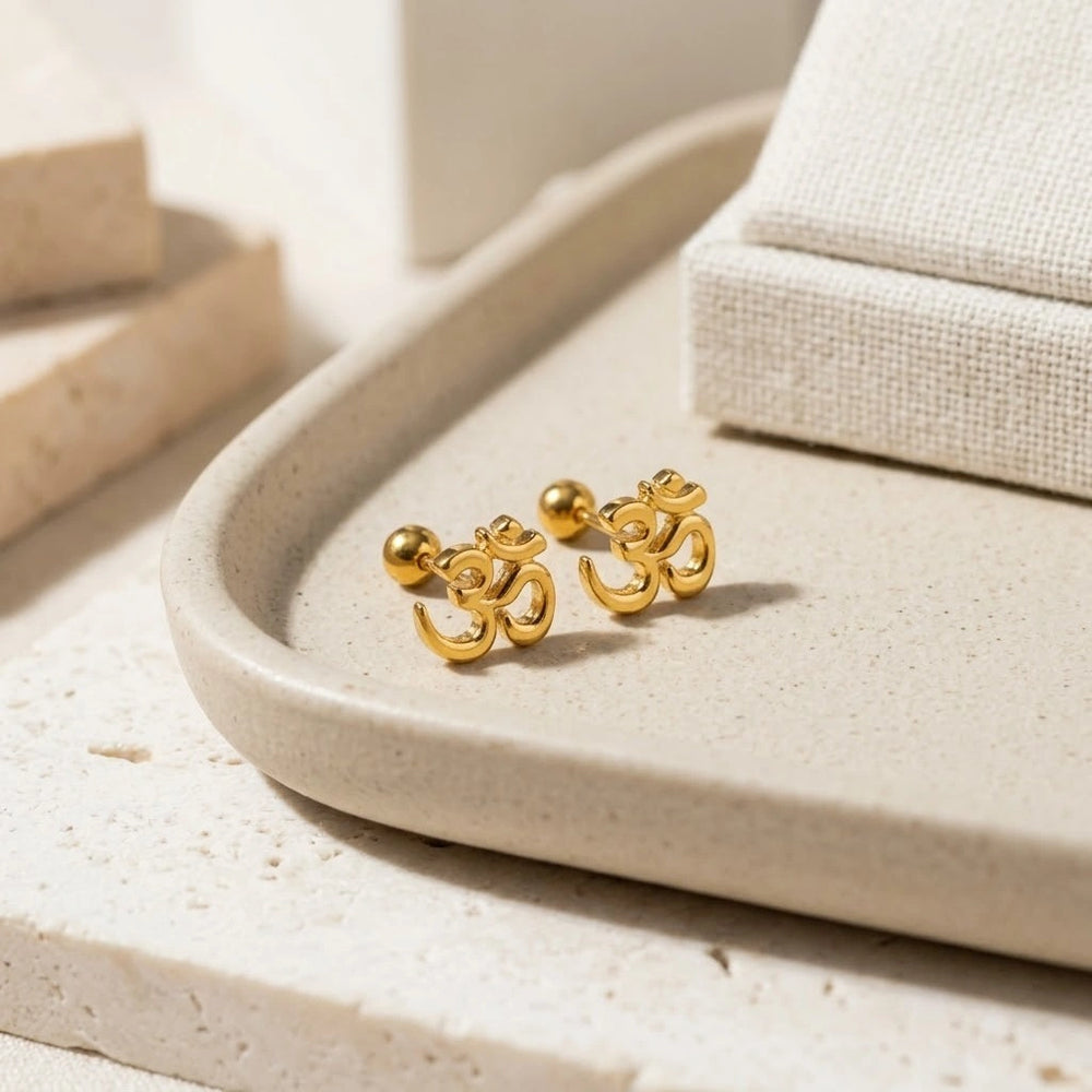 Om Symbol Stud Earrings - Anti Tarnish Gold Plated