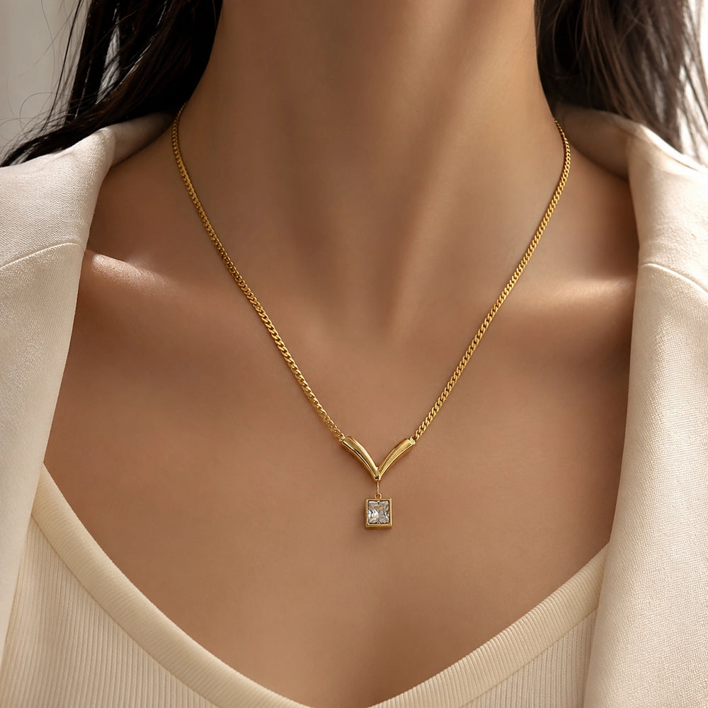 Anti-Tarnish Gold Plated V-Shape Geometric Necklace with Square Crystal