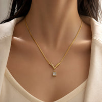 Anti-Tarnish Gold Plated V-Shape Geometric Necklace with Square Crystal