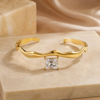 Wavy Square Crystal Cuff Bracelet - Anti Tarnish Gold Plated