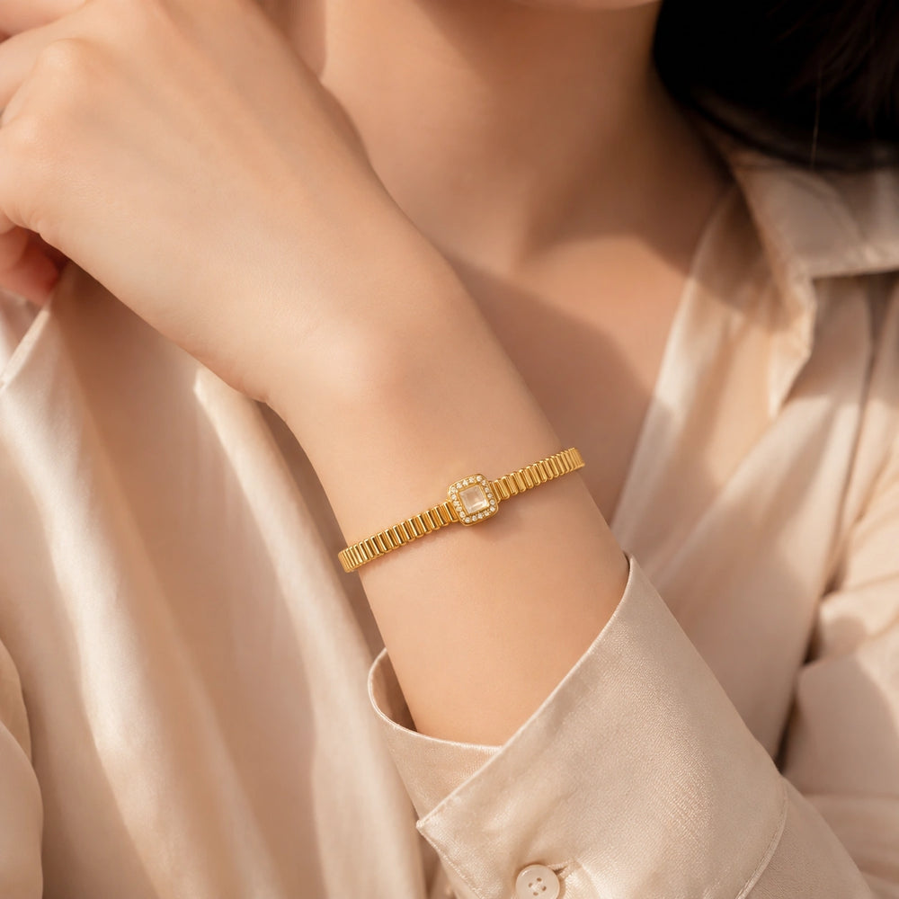 Crystal Halo Ribbed Bangle - Anti-Tarnish Gold Plated Bracelet