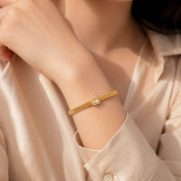 Crystal Halo Ribbed Bangle - Anti-Tarnish Gold Plated Bracelet