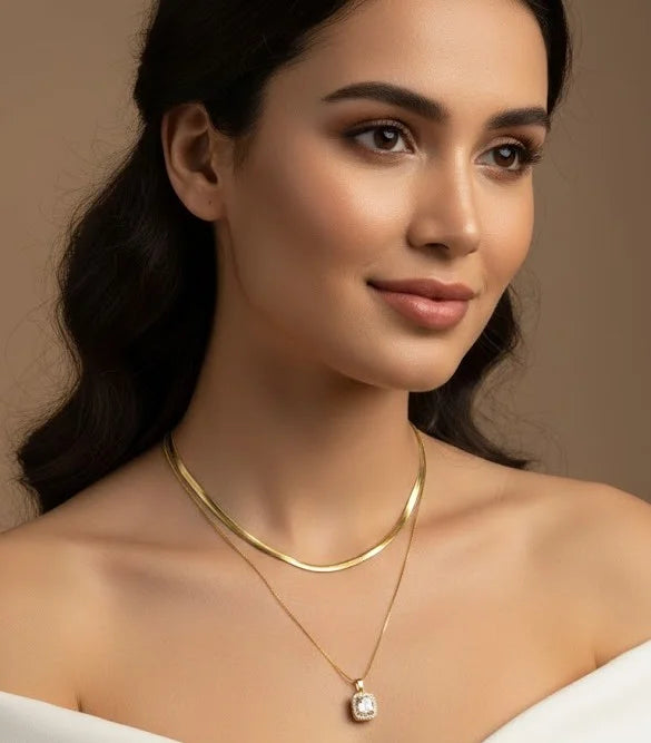 Double Layer Snake Chain & Square Crystal Pendant Necklace - Anti-Tarnish Gold Plated