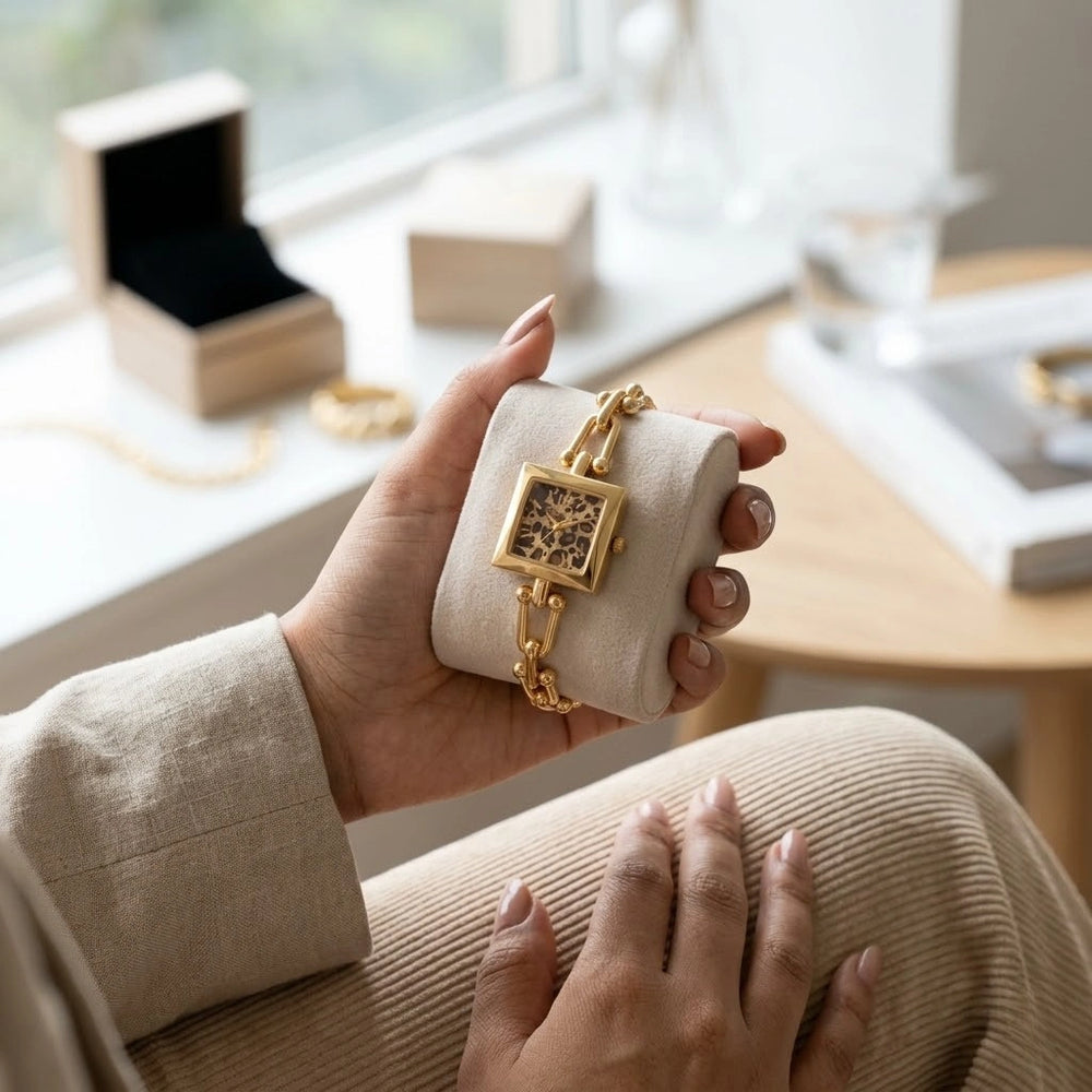 Leopard Print Square Dial Chain Watch - Anti-Tarnish Gold Plated