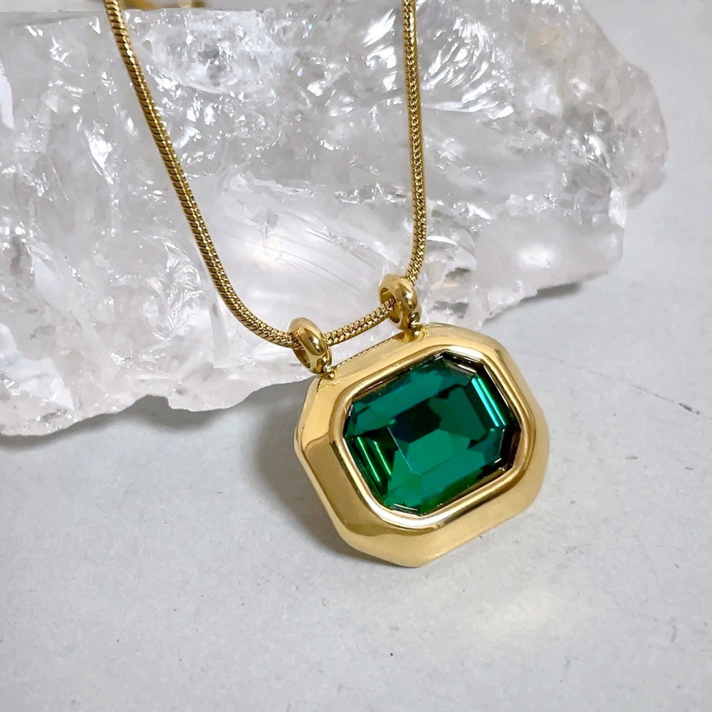 Emerald Green Stone Pendant Necklace - Anti-Tarnish Gold Plated Snake Chain