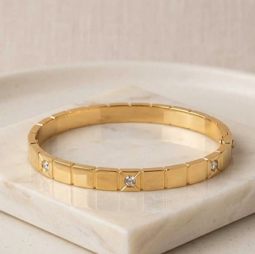 Geometric Studded Square Link Bracelet - Anti-Tarnish Gold Plated