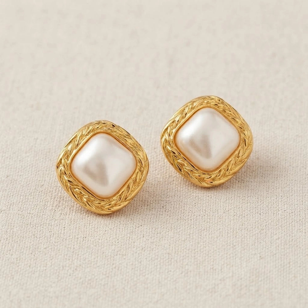 Square Pearl Stud Earrings - Anti-Tarnish Gold Plated |