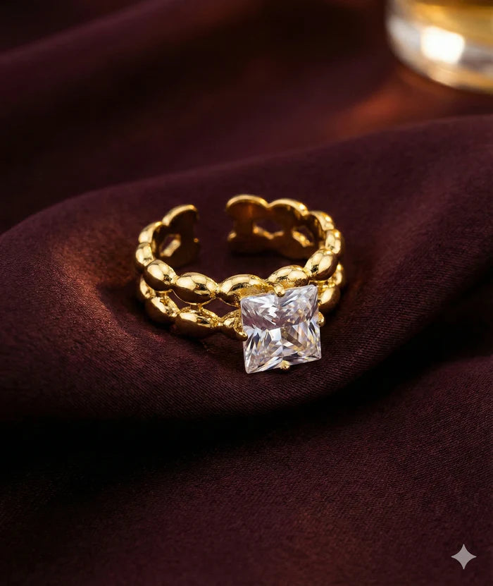 Princess Cut Square Stone Ring with Double Beaded Band | Anti-Tarnish