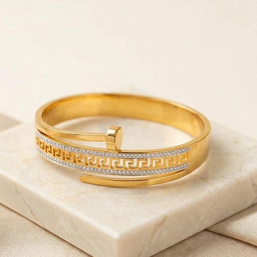 Greek Key Nail Wrap Cuff - Anti Tarnish Gold Plated Bracelet
