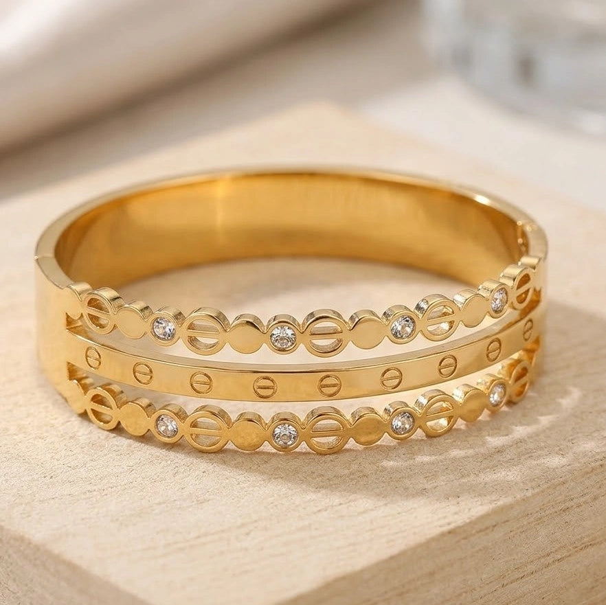 Geometric Layered Cuff Bracelet - Anti-Tarnish Gold-Plated