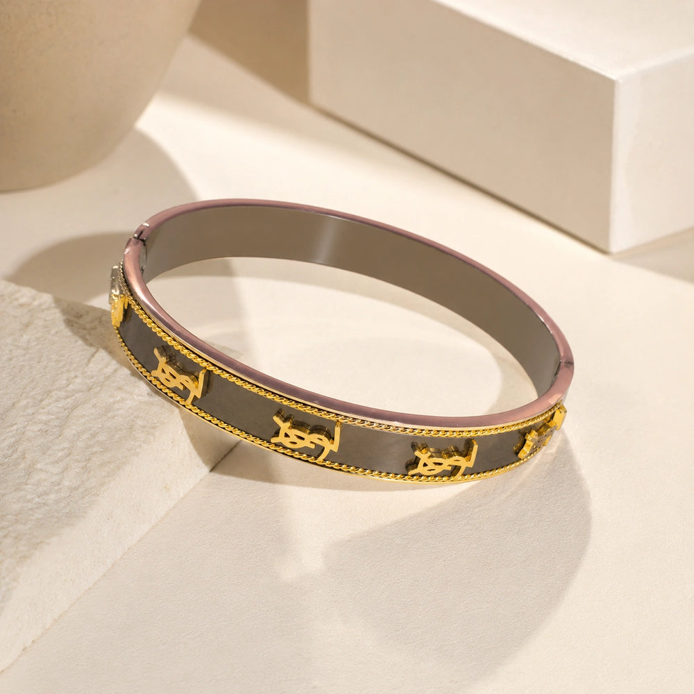 Anti-Tarnish Gold Plated Monogram Bangle - Brown Enamel Vintage Style Bracelet
