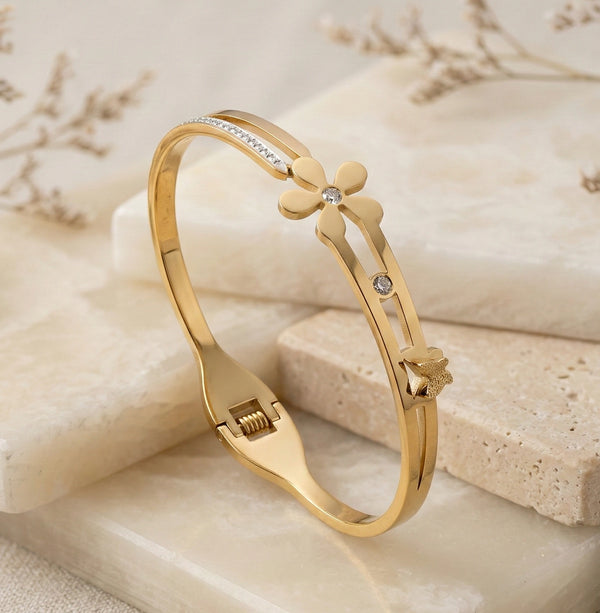 Korean Floral Anti-Tarnish Gold Plated Bracelet - Stainless Steel Waterproof Bangle