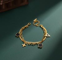 Black Clover & Geometric Charm Double Layer Bracelet - Anti-Tarnish Gold Plated Korean Style Hand Jewellery for Women