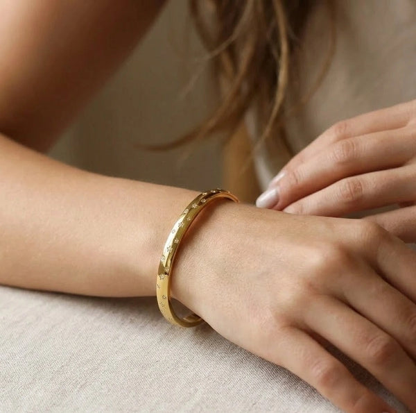 Star engraved anti-tarnish cuff bracelet front view