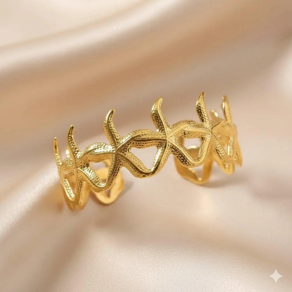 Starfish Textured Open Cuff Bracelet – Gold Plated Anti-Tarnish Beach Jewelry