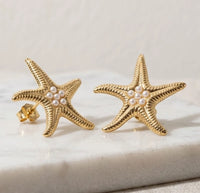 Starfish Pearl Stud Earrings - Anti Tarnish Golden Finish