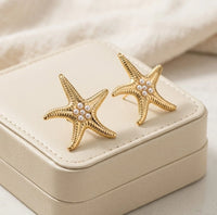 Starfish Pearl Stud Earrings - Anti Tarnish Golden Finish