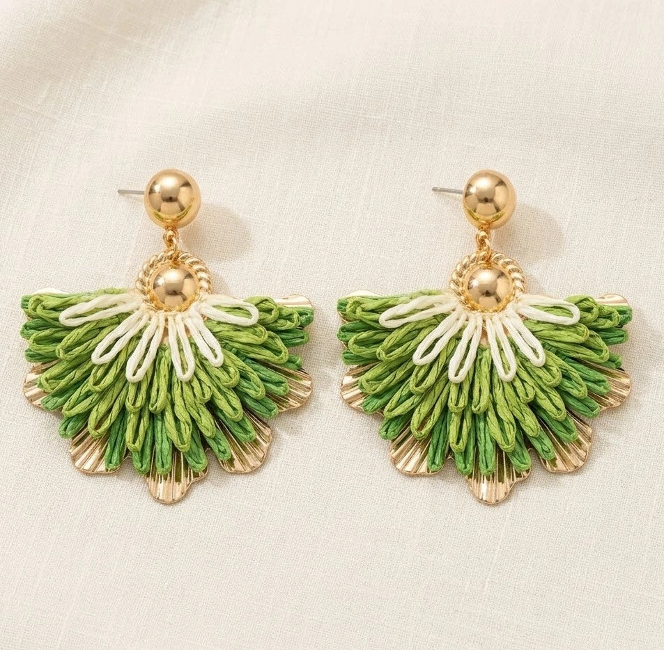 Boho Green Fringe Fan Statement Earrings - Tropical Tassel Drops