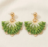 Boho Green Fringe Fan Statement Earrings - Tropical Tassel Drops
