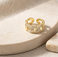 Baguette Zircon Gold Toned Curb Link Fashion Ring for Women | High Quality Statement Chain Ring