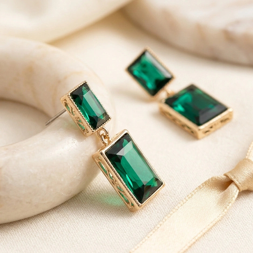 Emerald Green Rectangular Crystal Drop Earrings - Premium Gold Finish