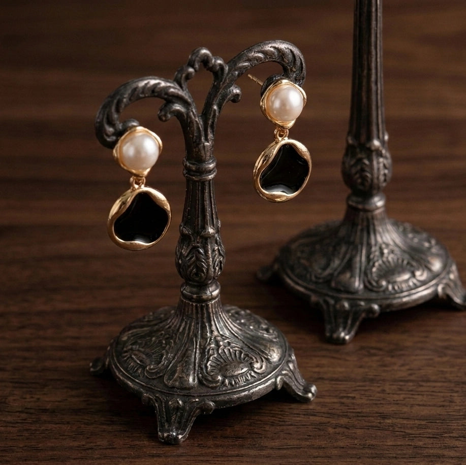 Black & Gold Pearl Drop Earrings | Elegant Statement Fashion Jewelry